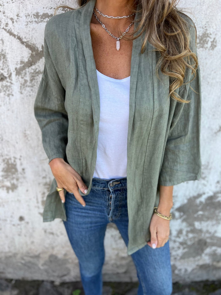 Linen Cardigan with Ruffles